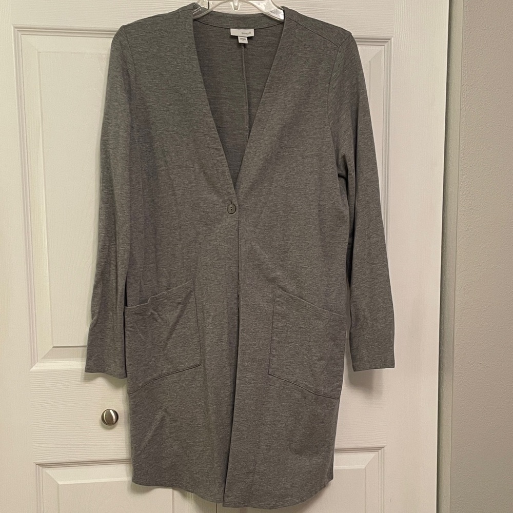 Pure Jill Heather Gray Longer Length One Button Cardigan with Pockets